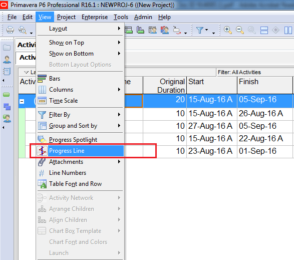 Compare Actual Progress with Baseline on Gantt chart in Primavera P6 - 4