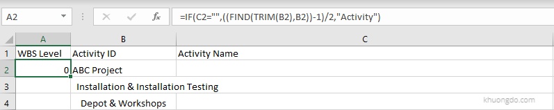 Primavera P6 export to Excel. How to identify WBS level for activity. Formula of WBS Level column